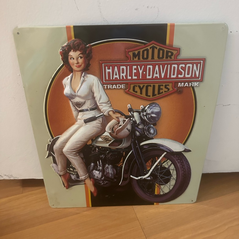 Harley-Davidson Retro Wall Art with Cream and Black Motorcycle